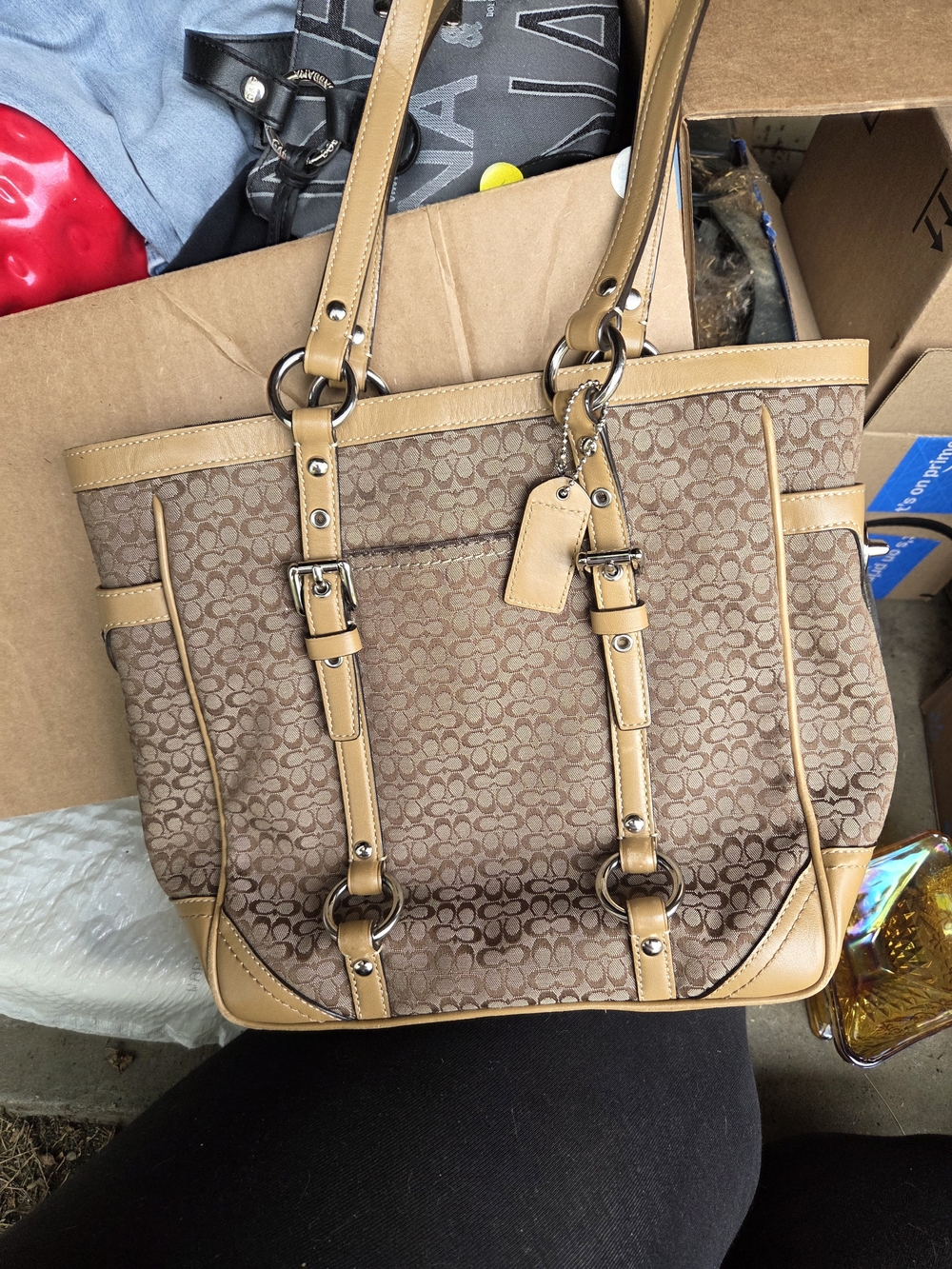 Coach Signature Tan Canvas Tote Bag with Leather Trim Y2k